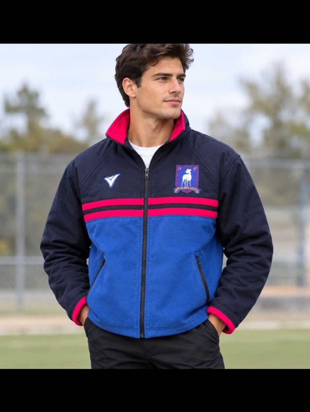 Ted Lasso AFC RichMond Blue and Navy Athletic Zip Jacket with Pink Accents